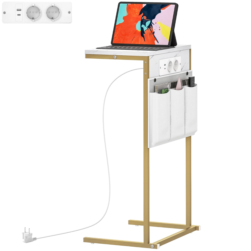 Tavolino da Caff¨¨ con USB e Cassetto ¨C Zephmum ¨C Bianco e Dorato 40x25.5x71 cm