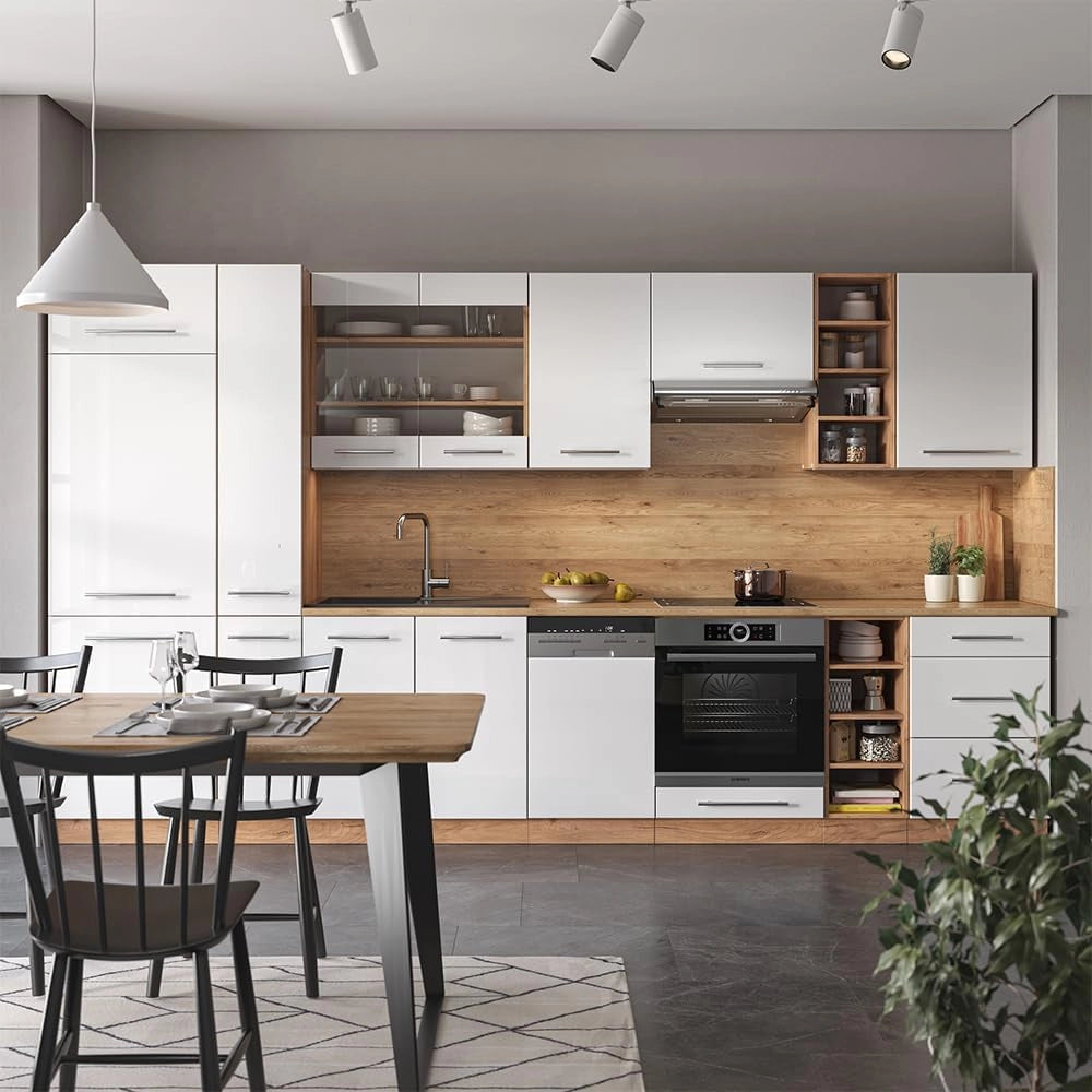 Cucina componibile Fame-Line, Bianco lucido/oro power oak, 355 cm senza piano di lavoro, adatto per l'espansione personalizzata con moduli aggiuntivi