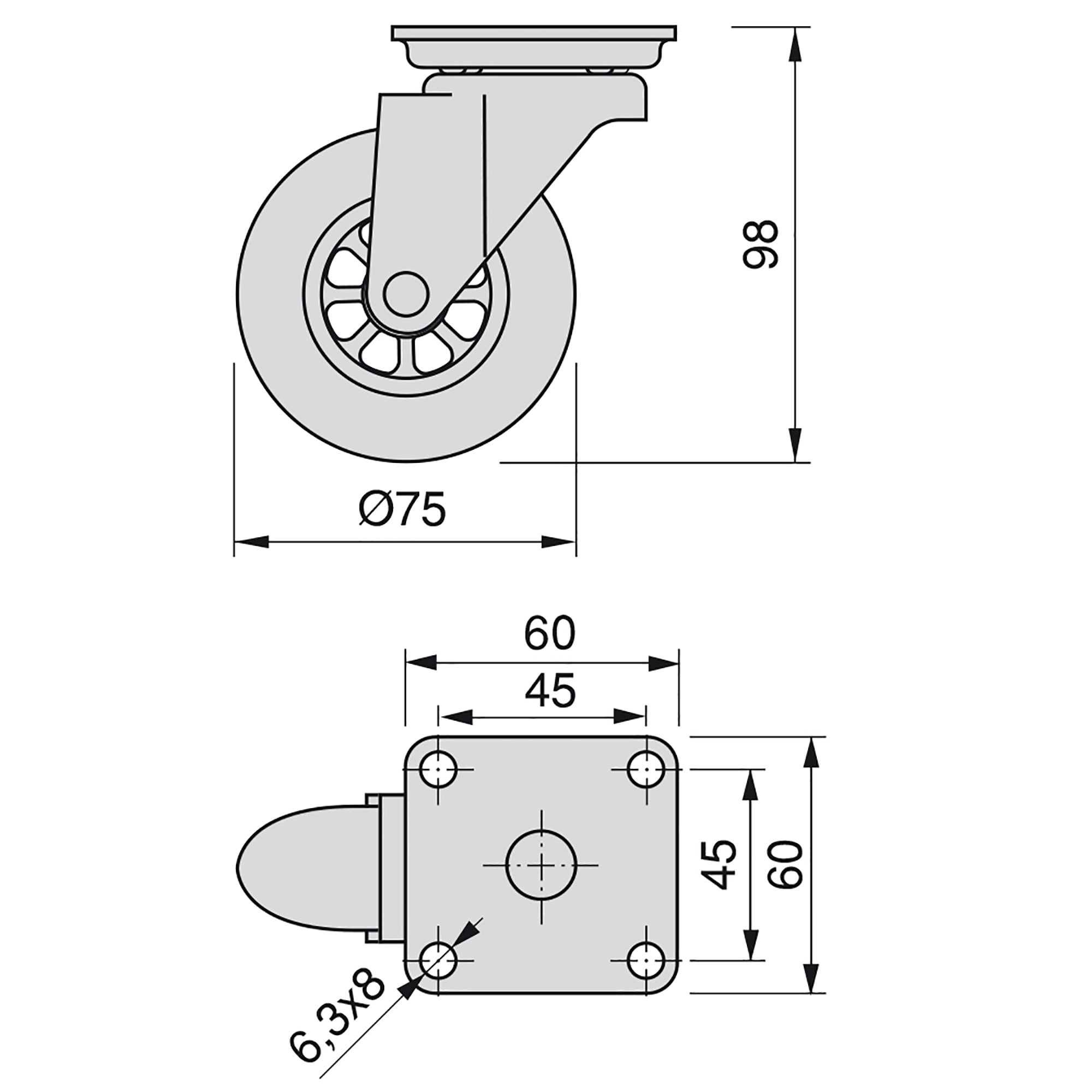 Kit 4 Ruote Slip per Carrello Ø7,5 cm con Piastra di Montaggio in Acciaio Emuca Trasparenti