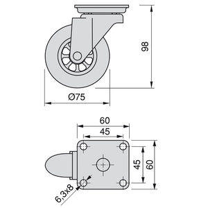 Kit 4 Ruote Slip per Carrello Ø7,5 cm con Piastra di Montaggio in Acciaio Emuca Trasparenti