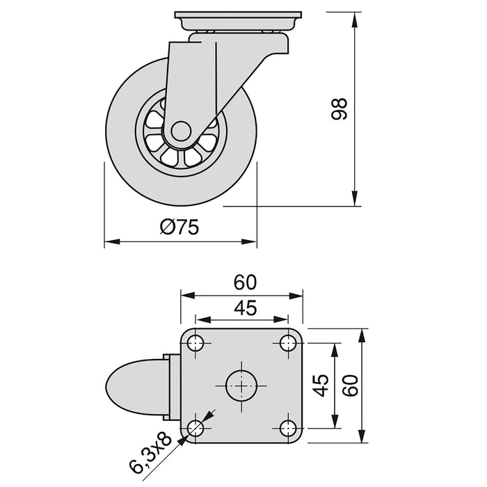 Kit 4 Ruote Slip per Carrello Ø7,5 cm con Piastra di Montaggio in Acciaio Emuca Trasparenti