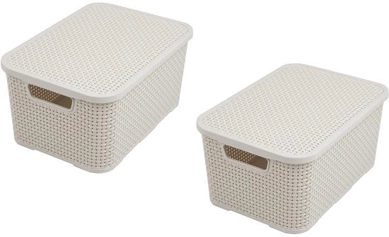 Set di 2 contenitori con coperchio - design rattan - crema - plastica