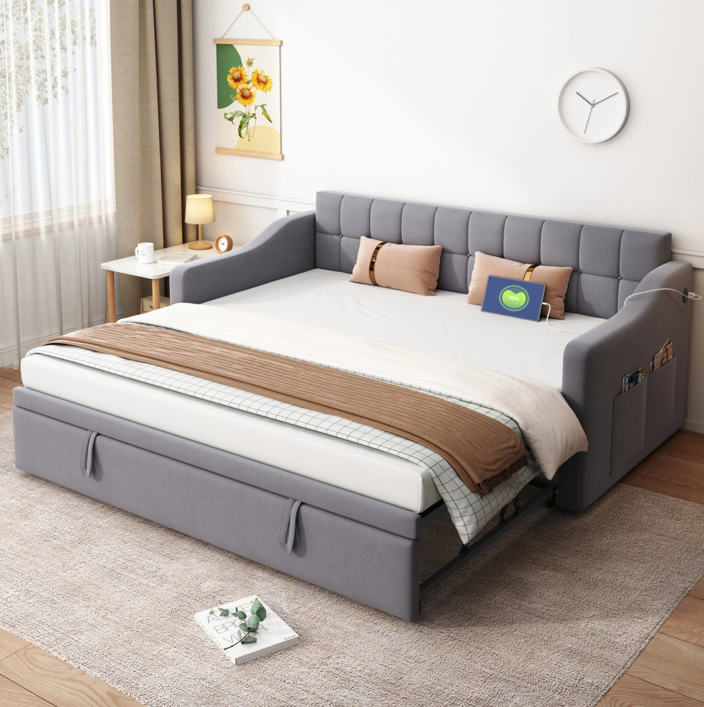 Letto imbottito 90x190 cm estensibile; velluto; grigio