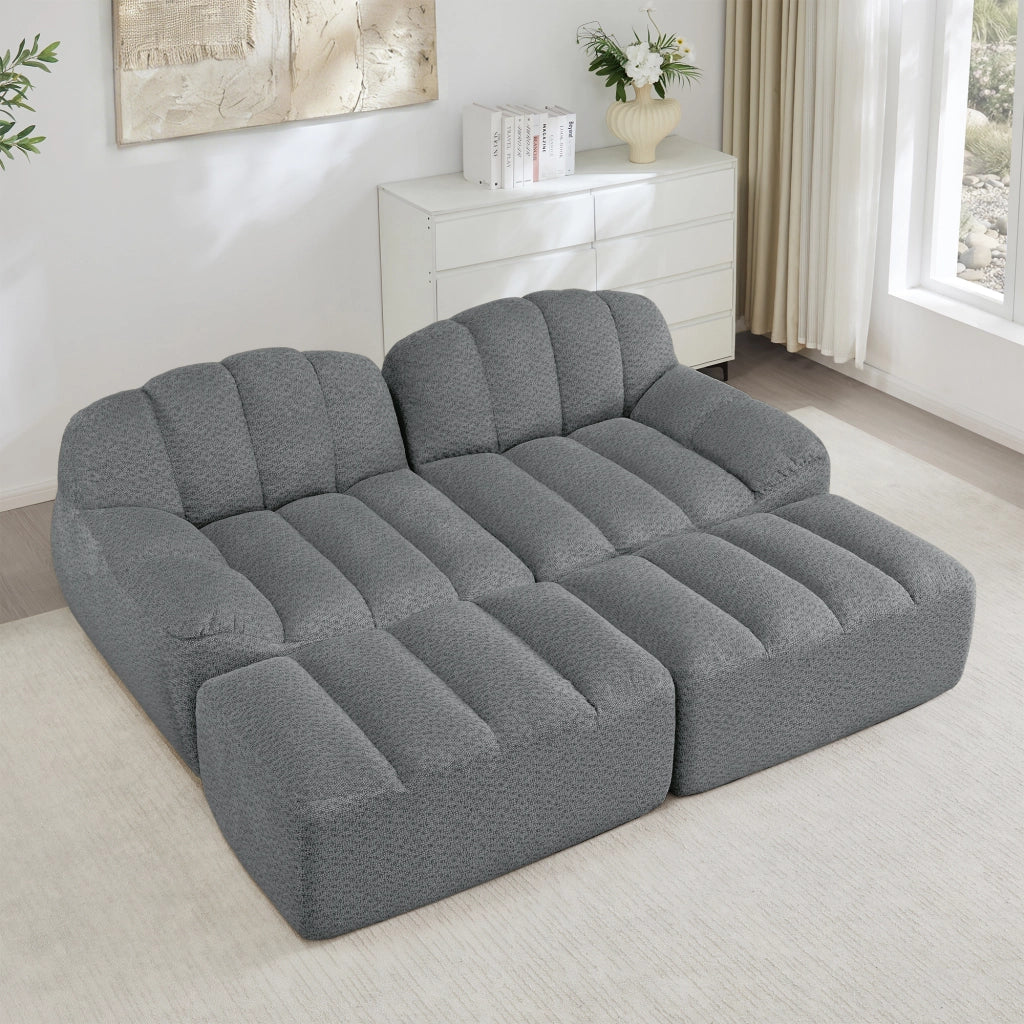 Divano modulare a 2 posti con pouf, schiuma ad alta densità e tessuto granulato grigio 210 × 165 × 79 cm