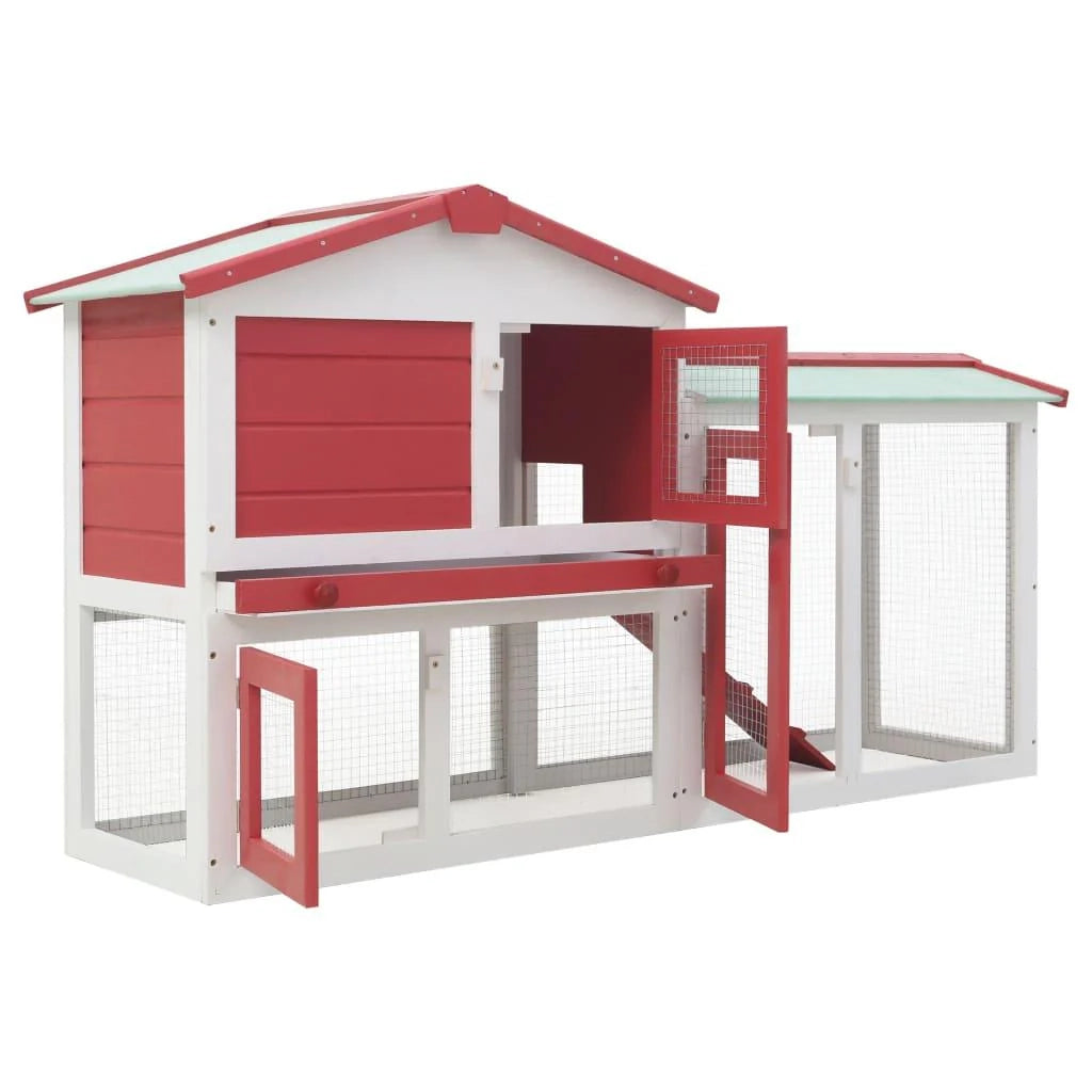 Grande conigliera da esterno rossa e bianca 145 x 45 x 85 cm in legno 02_0000608