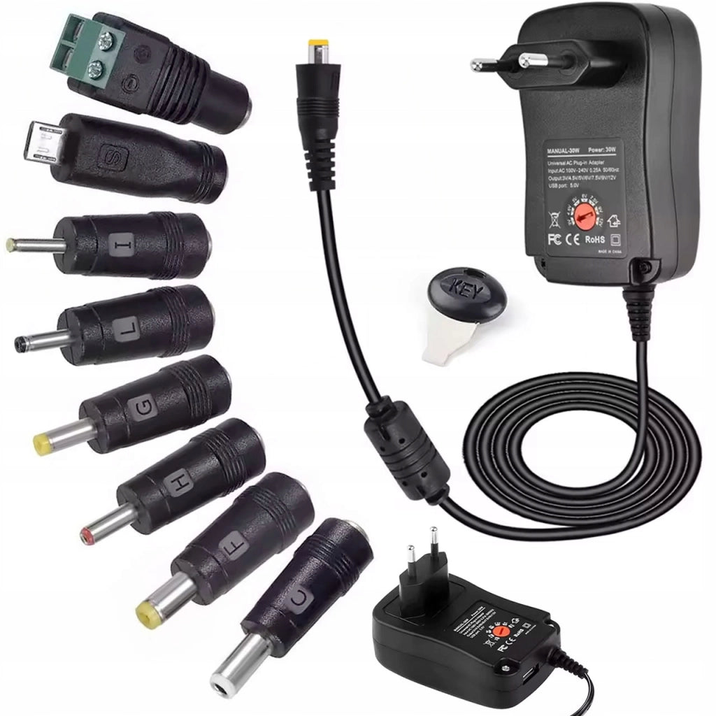 Alimentatore Universale AC/DC 30W – Tensione Regolabile 3-12V | 8 Connettori Inclusi | USB 5V