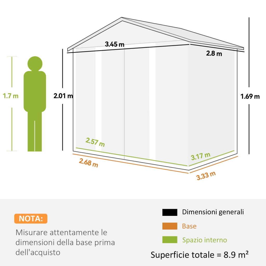 Casetta Porta Attrezzi 196x236x208 cm con Porte Scorrevoli e 4 Prese d'Aria in Acciaio e PP Grigio Scuro