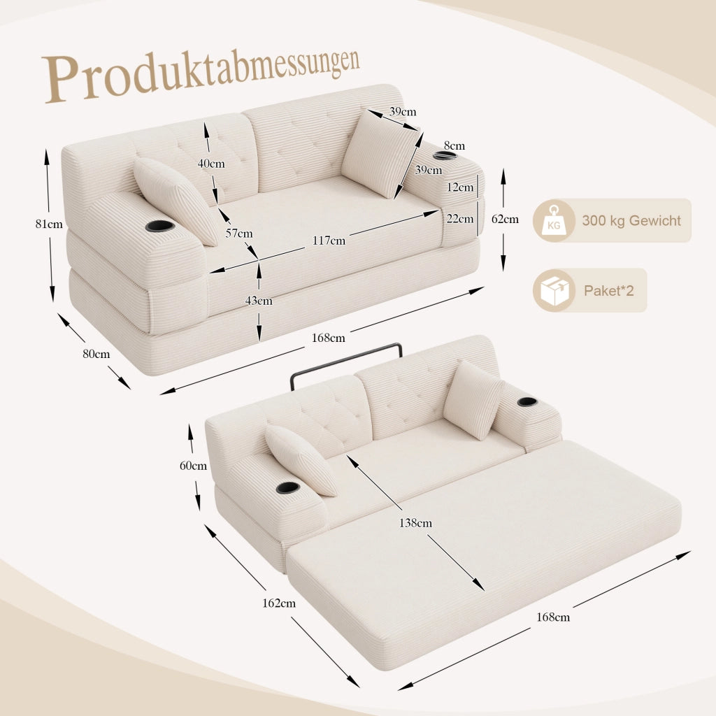 Divano letto compatto 2 posti con schienale alto, tasche laterali e portabicchieri in tessuto cord beige