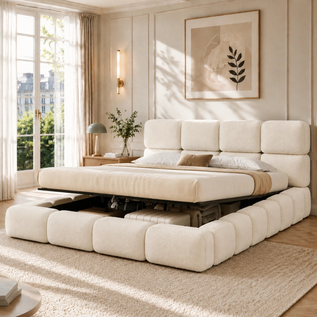 Letto contenitore matrimoniale 200 × 200 cm con sollevamento idraulico, senza materasso, in bouclé bianco