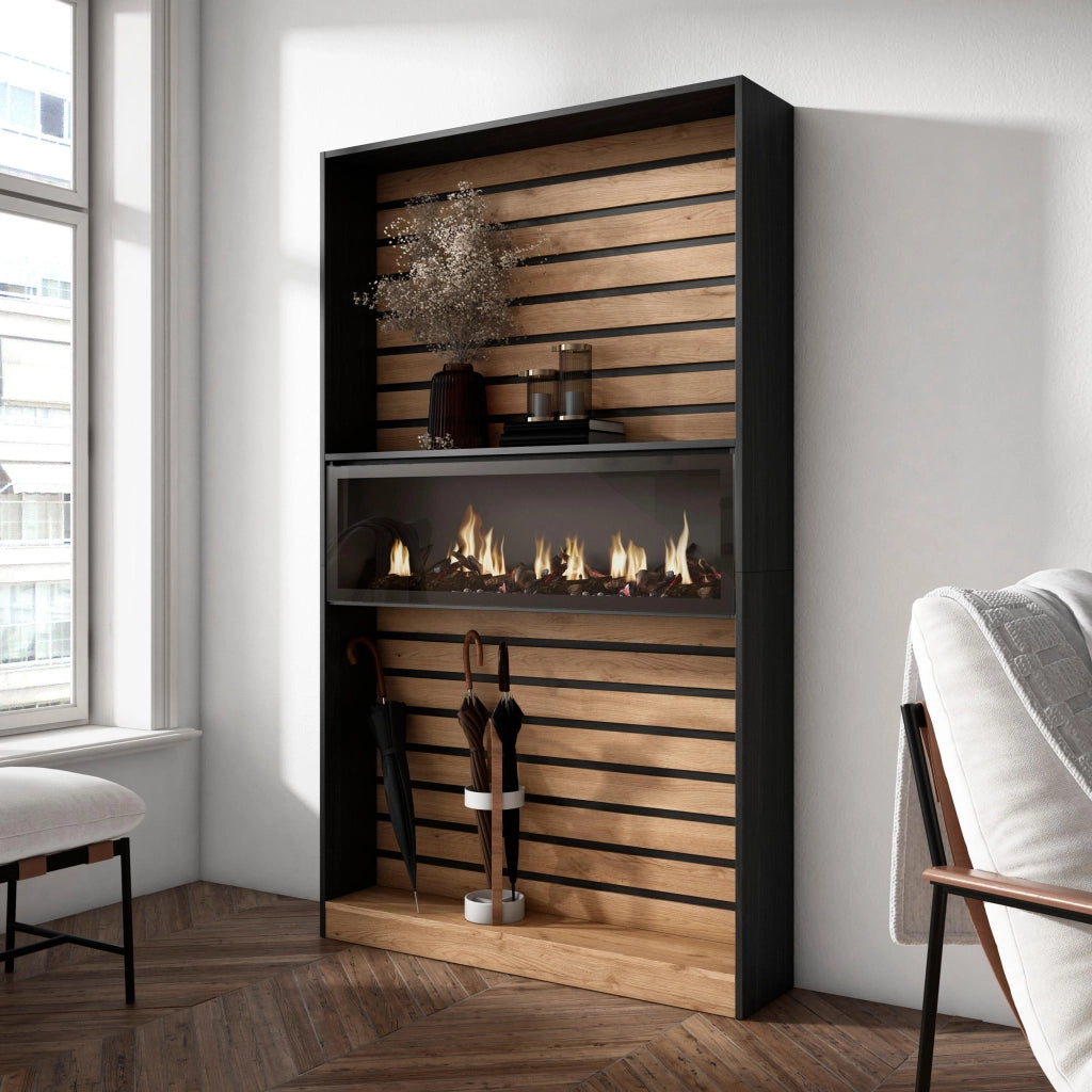 Libreria scaffale, 110x25x186cm, Soggiorno, Ufficio, Camino elettrico, colore Rovere e nero RF2324