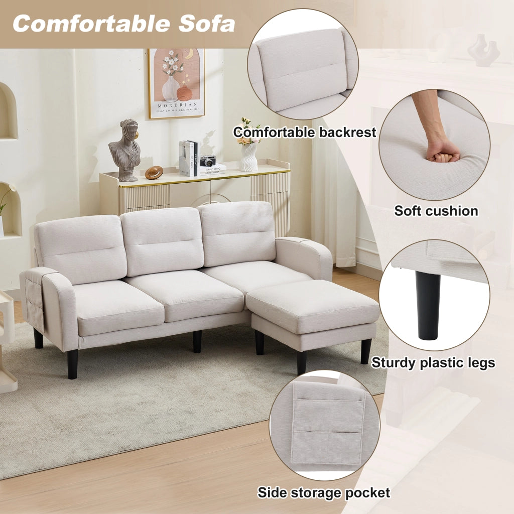 Divano ad angolo 3 posti con chaise longue e tasche laterali, struttura modulare in tessuto beige 204 × 136 × 80 cm
