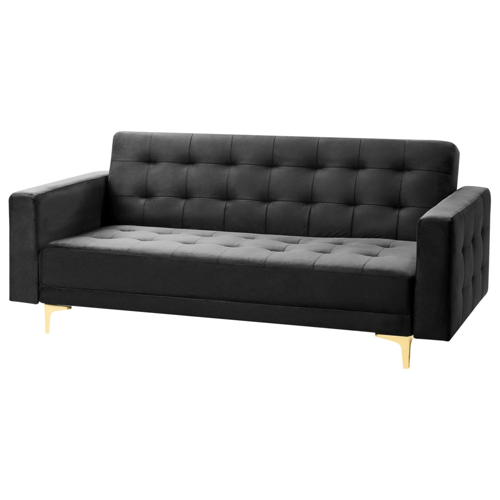 Divano letto in velluto nero capitonné in tessuto moderno soggiorno componibile a 3 posti gambe dorate braccio a binario