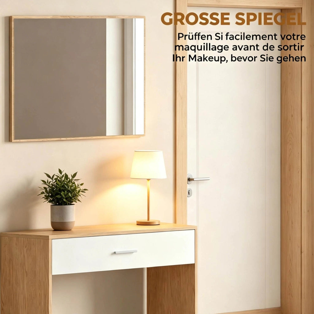 Consolle da ingresso con specchio da parete; cassetto e ripiano; MDF; naturale
