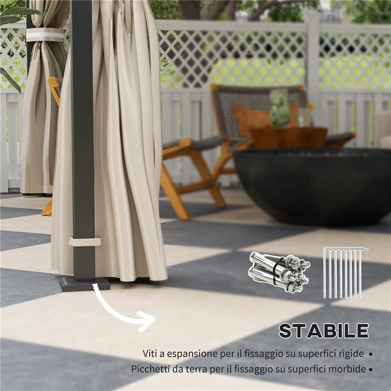 GAZEBO DA GIARDINO 3.7 X 3 M CON ZANZARIERA TENDE LATERALI E DOPPIO TETTO BEIGE