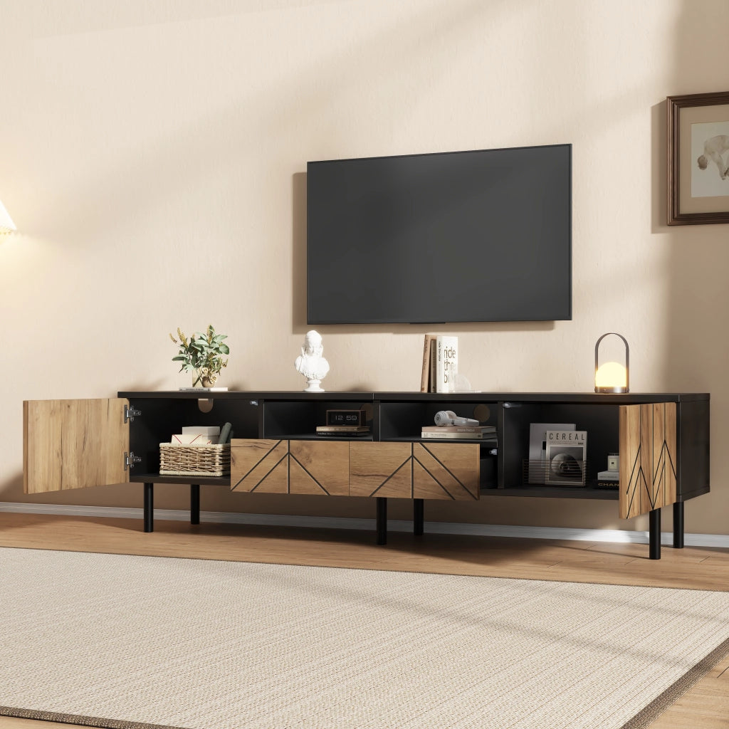 Mobile porta TV moderno con 2 cassetti e 2 ante, per soggiorno, in truciolato, nero e effetto legno, 180 × 40 × 45 cm