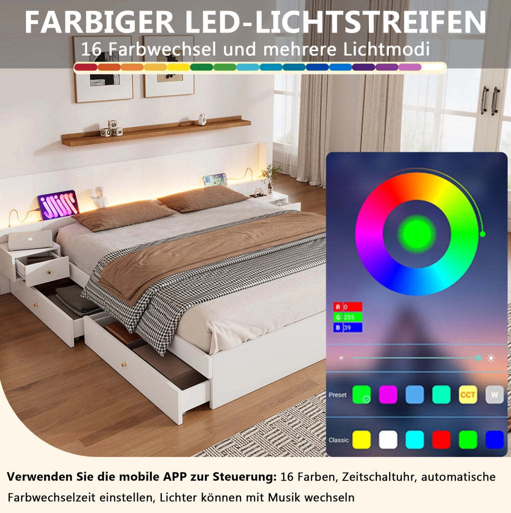 Letto matrimoniale 180x200 cm in MDF bianco con USB; LED APP; 2 comodini e cassetti