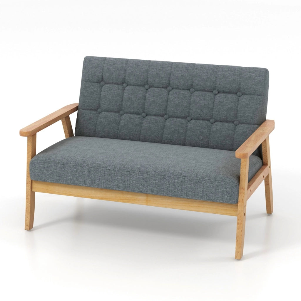 Divano a 2 posti in lino con cuscini e struttura in legno di gomma con design trapuntato, Panchina imbottita Grigio-Divani
