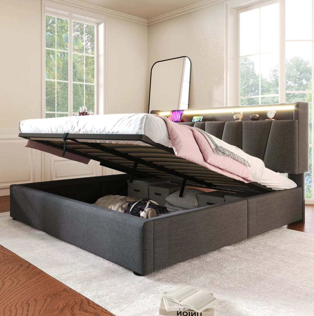 Letto imbottito 140x190 cm grigio con LED RGBW, USB e testiera contenitore