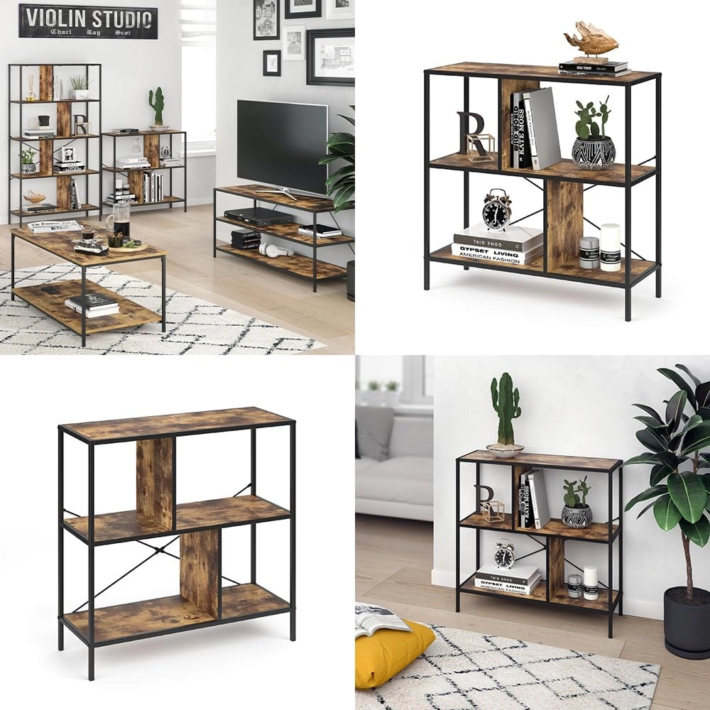 Divisorio per ambienti Fyrk, Legno antico, 80 x 79 cm, utilizzabile come divisorio con struttura in metallo e ripiani aperti