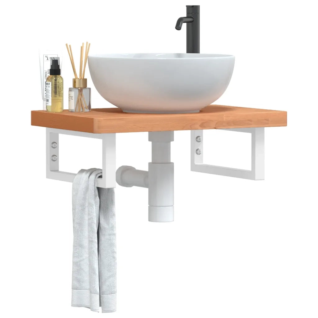Ripiano a Parete per Lavabo in Acciaio e Massello di Faggio 3302376