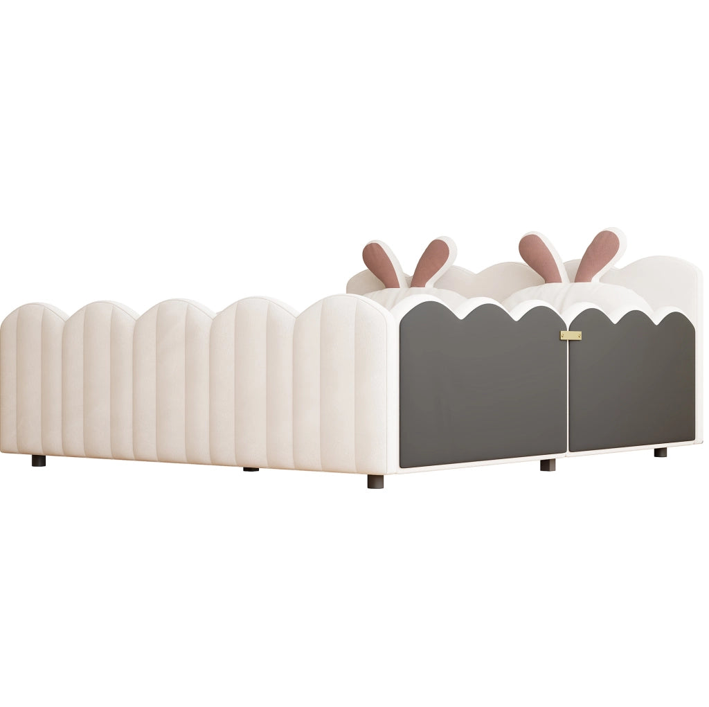 Letto piattaforma imbottito beige 140x200 cm con cuscino a forma di coniglio