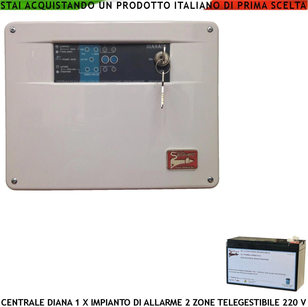 Diana Centrale 2 Zone Allarme Chiave Meccanica Batteria 12 V 7 Ah per Impianto Antifurto Filare. Gestisce Sensori Ingresso Per Comando Remoto o Telegestione Uscita Sirene Combinatore SOS Telecamere