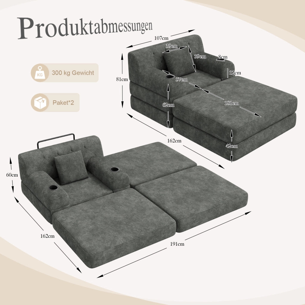Divano letto in velluto a coste con schienale alto, tasche laterali e portabicchieri, grigio scuro 107 × 162 × 81 cm