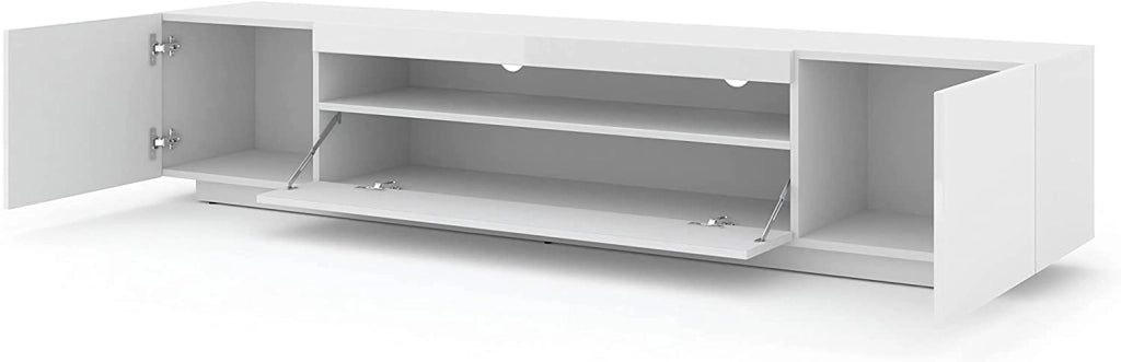 Mobile TV Aura 200x37x42H Cm mobile sospeso o a terra con piedi Corpo: bianco opaco, frontali: bianco lucido