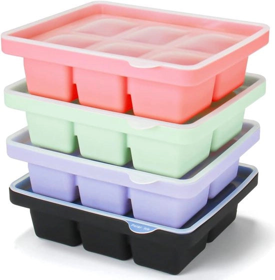 4 contenitori per cubetti di ghiaccio, contenitori per cubetti di ghiaccio XL in silicone con coperchio, stivabili e lavabili in lavastoviglie, per birra, vino e snack per bambini compresi (4 colori, set da 4 (24 cubetti di ghiaccio))