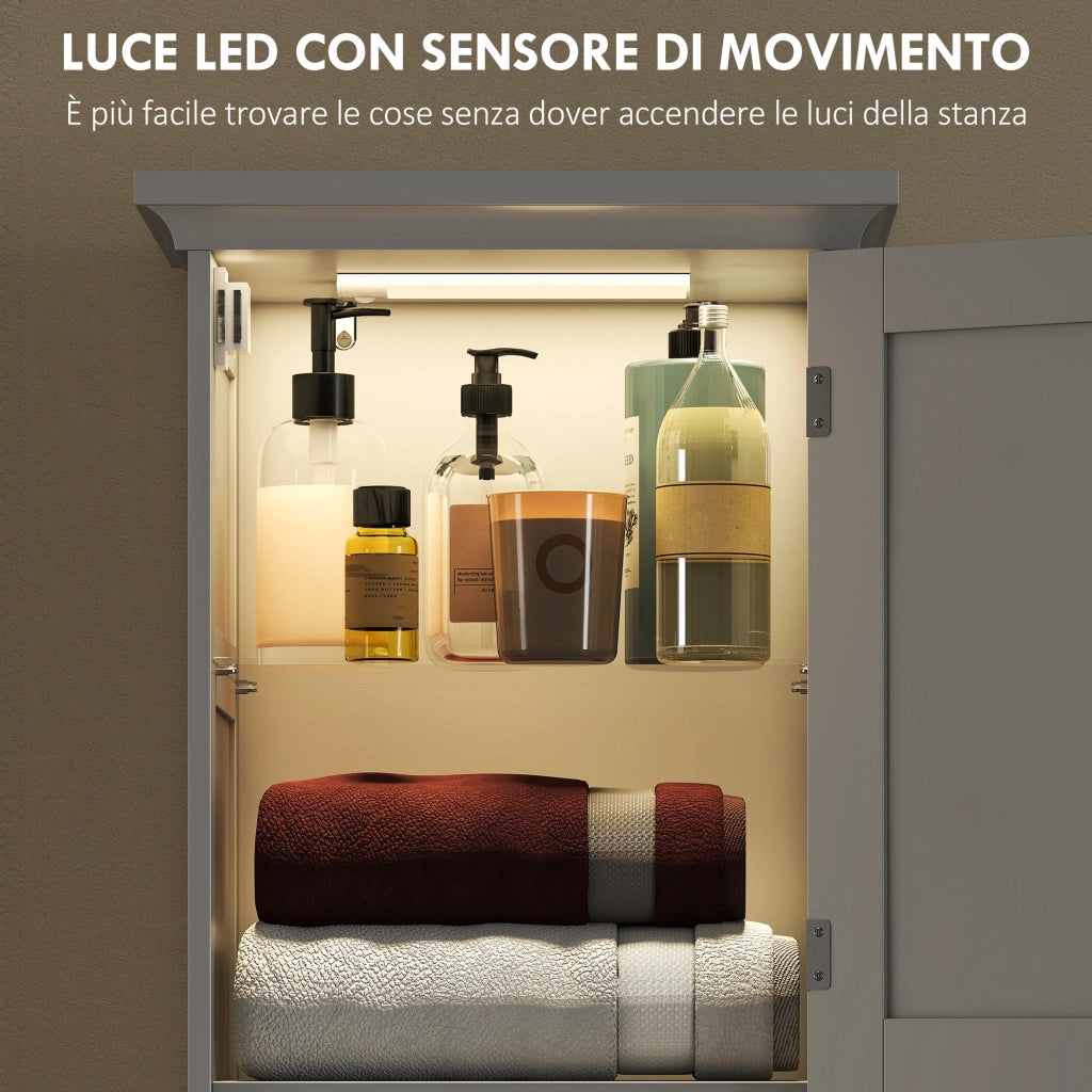 Mobile Colonna Bagno 40x30x170 cm con 2 Armadietti con Sensore Ripiano Aperto e Cassetto in Legno Bianco