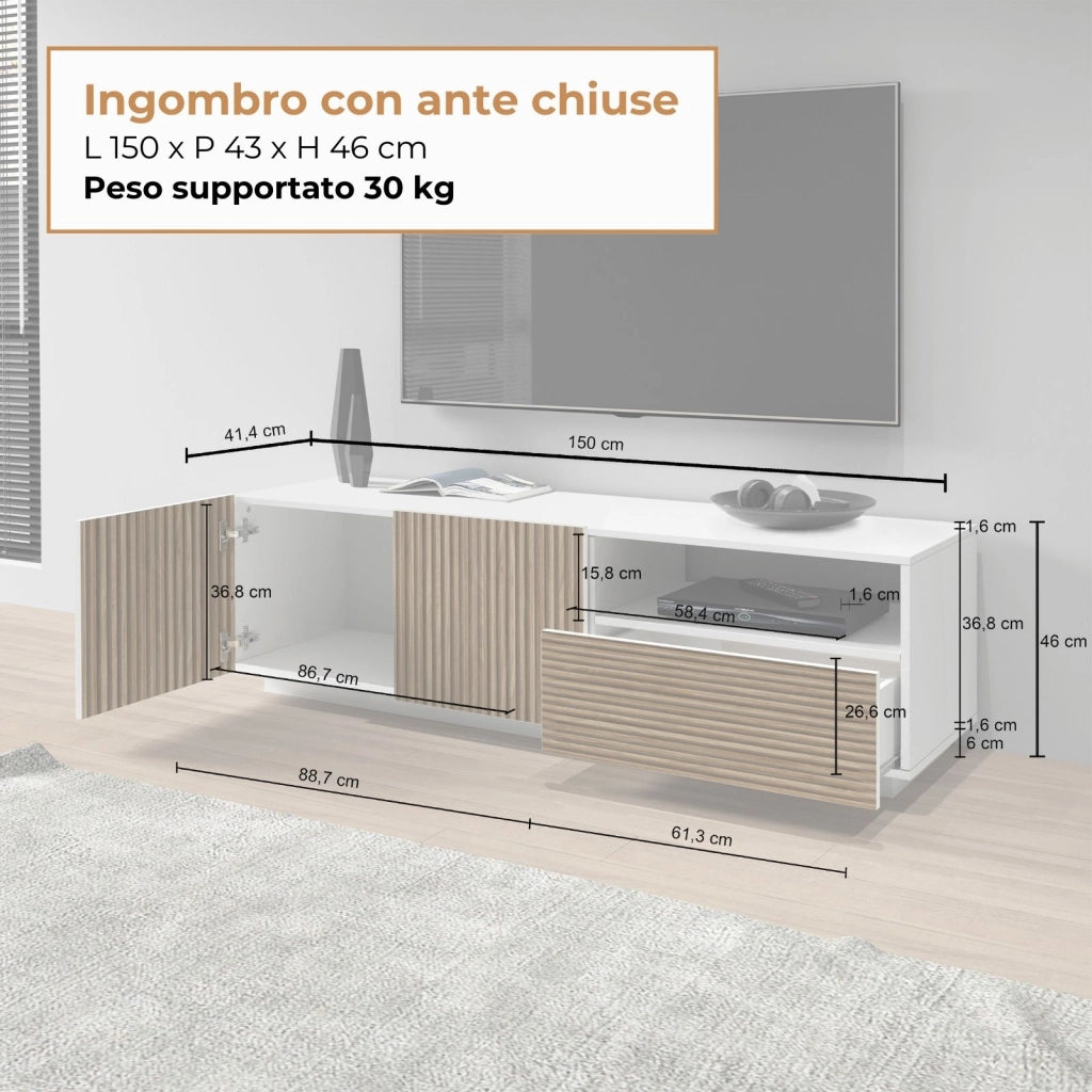 WHOUS Mobile porta tv Coste a 2 ante 1 cassetto e 1 vano aperto bianco/legno chiaro 150x43x46 cm