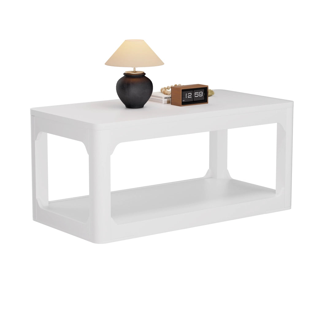 Tavolino da caffè con 2 ripiani portaoggetti; design moderno minimalista; in MDF; bianco; per soggiorno