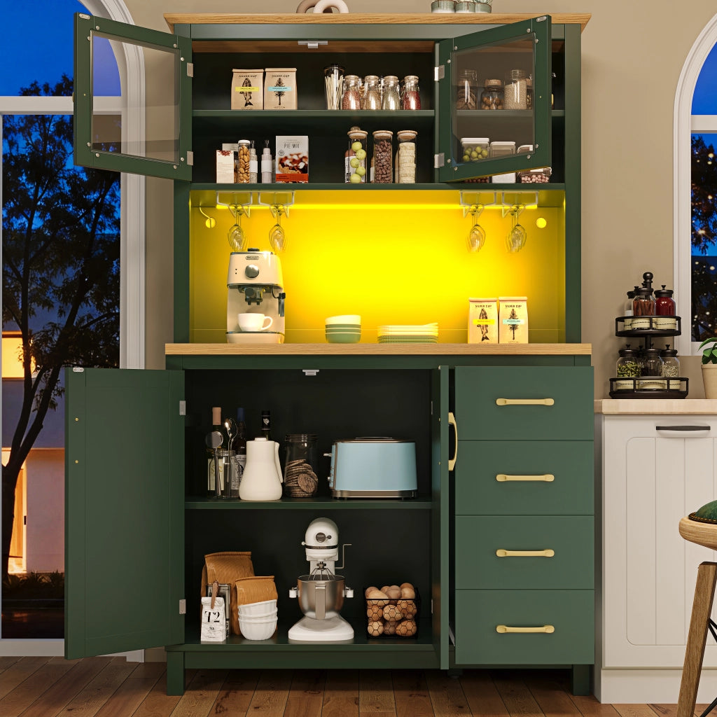 Credenza e madia con 4 ante, ripiani interni e LED, per cucina e soggiorno, in MDF verde, 105,5 × 40 × 180 cm