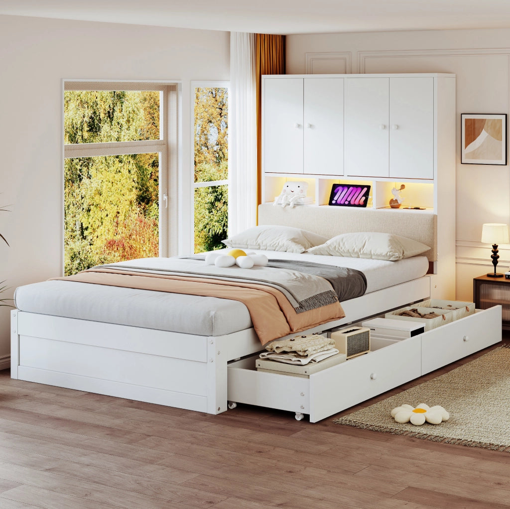 Letto singolo multifunzionale con contenimento, LED e presa integrata