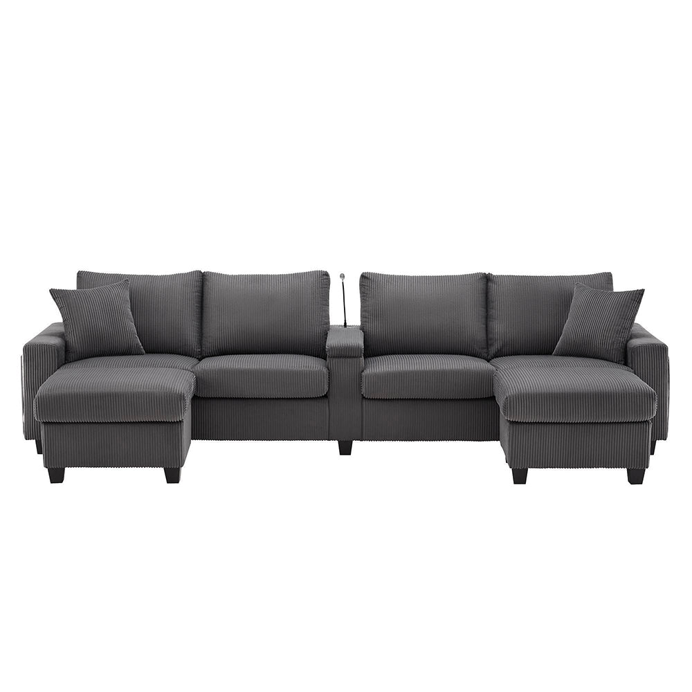 Divano a U in velluto costato - Xylo - 334x128,5x81cm - Grigio - 2 sgabelli, luce lettura, vassoio, porta-bevande, USB/Type-C, braccioli LED