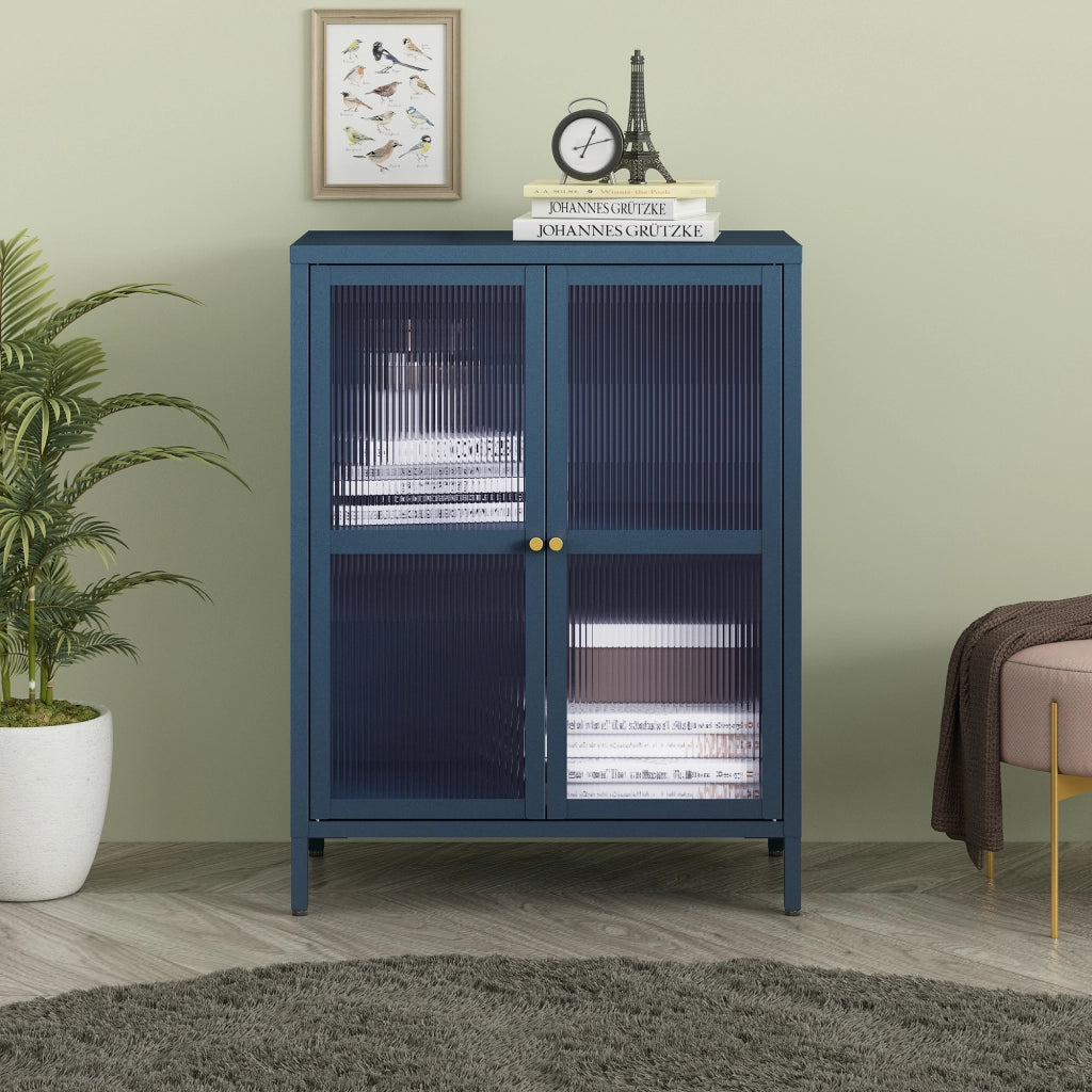 Credenza Säkylä Comò con Ante in Vetro Scanalato 84x64x35 cm Blu Marino [en.casa]