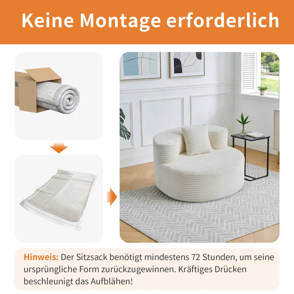 Fauteuil pouf in velluto a coste senza montaggio con cuscino, facile da pulire per salotto e camera beige