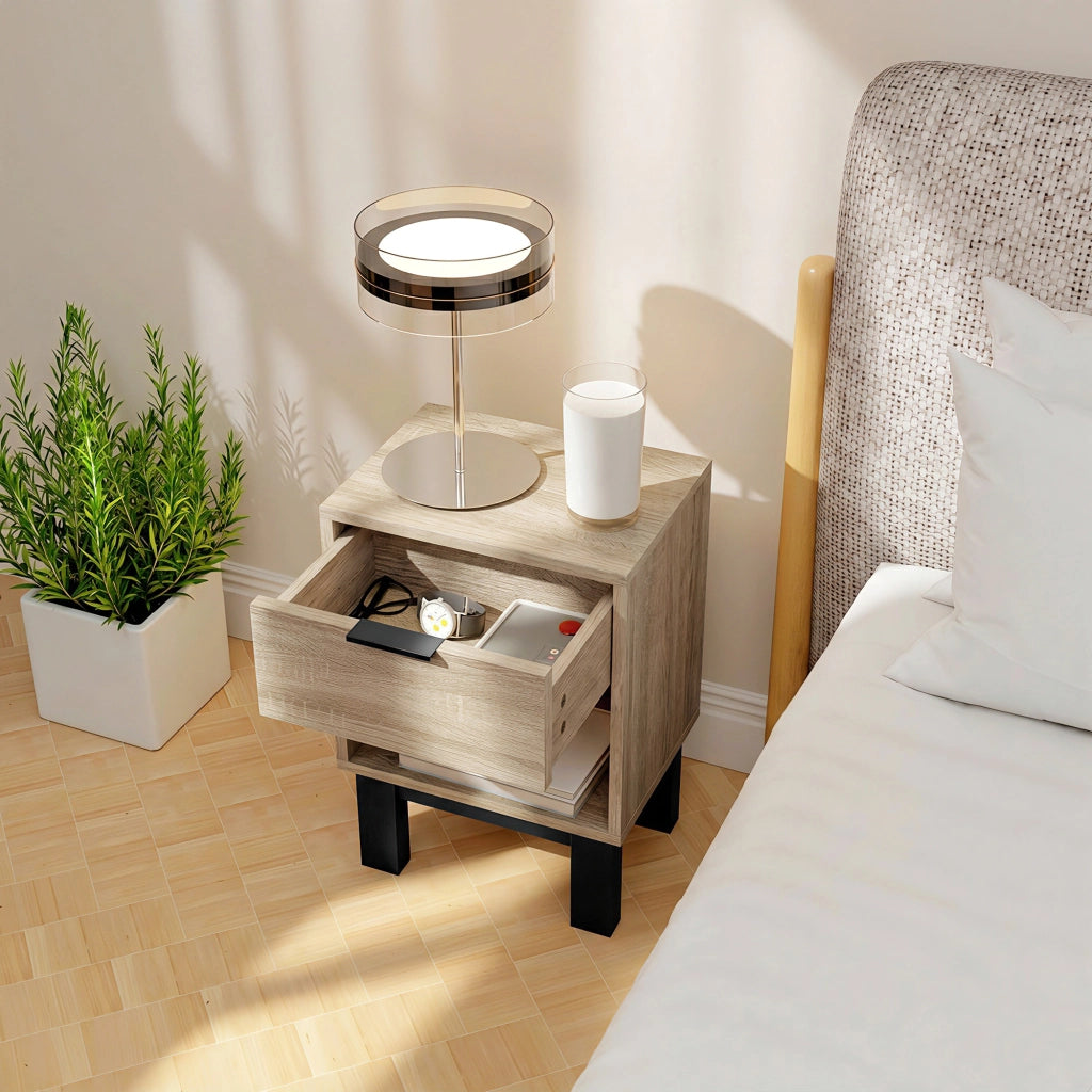 Comodino con cassetto e ripiano aperto ¨C zephmum ¨C Eiche 35x26x50 cm
