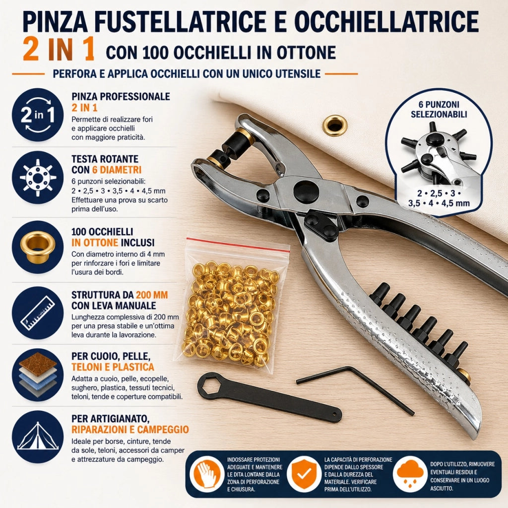 Pinza Fustellatrice Occhiellatrice 2 in 1 con 100 Occhielli in Ottone