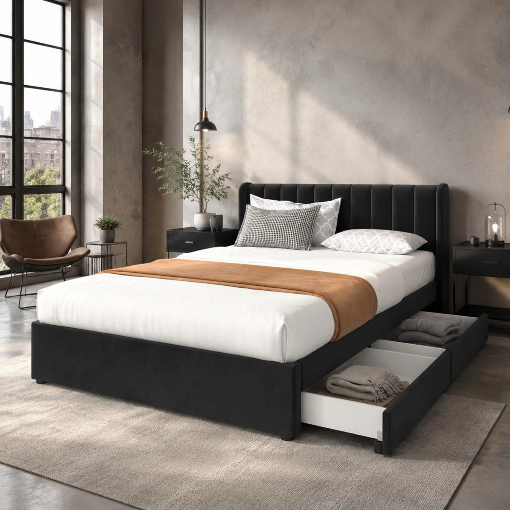 Letto imbottito 140 x 200 cm in velluto nero con rete a doghe, 2 cassetti e testiera alta
