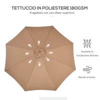 Ombrellone da Giardino 3 m con Palo in Legno, 8 Stecche e Parasole in Poliestere, Cachi