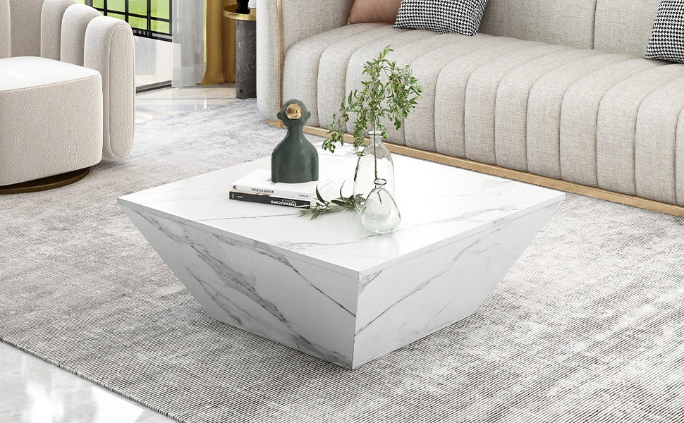 TAVOLINO DA CAFFÈ trapezoidale 70x70x37 cm bianco in MDF effetto marmo, con 2 cassetti