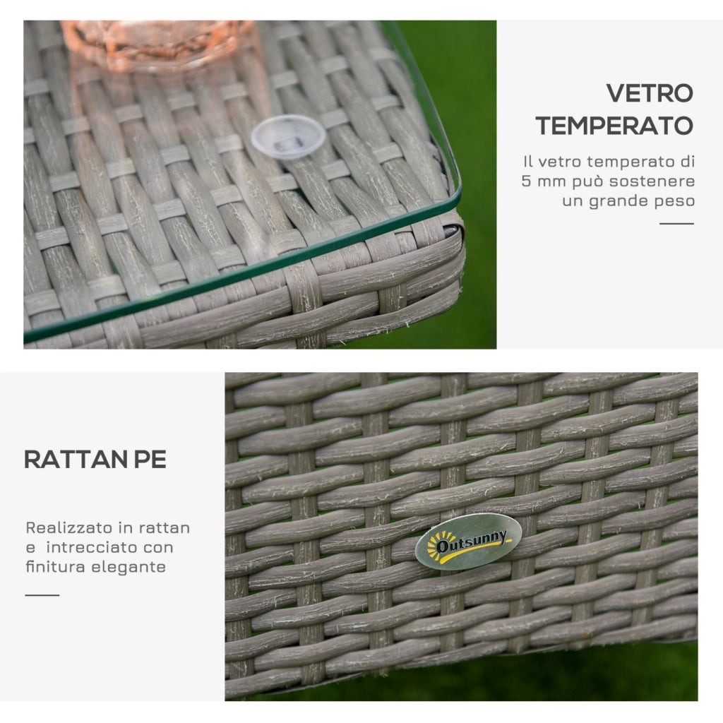 EasyComfort Set Giardino Esterno 3 Pezzi in Rattan PE e Acciaio, Set 2 Sedie con Cuscini Lavabili, Braccioli, Tavolino da Caffè con Piano in Vetro, Salotto da Giardino Balcone Patio Cortile, Grigio