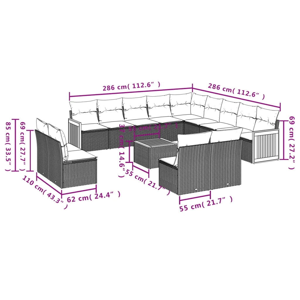 Set Divani da Giardino 14pz con Cuscini in Polyrattan Beige