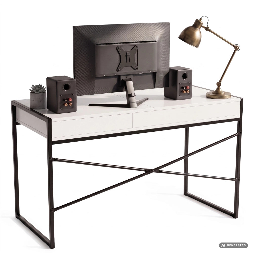 Scrivania industriale per computer Bianca ELONIS 123 cm 2 cassetti 1 ripiano gambe nere