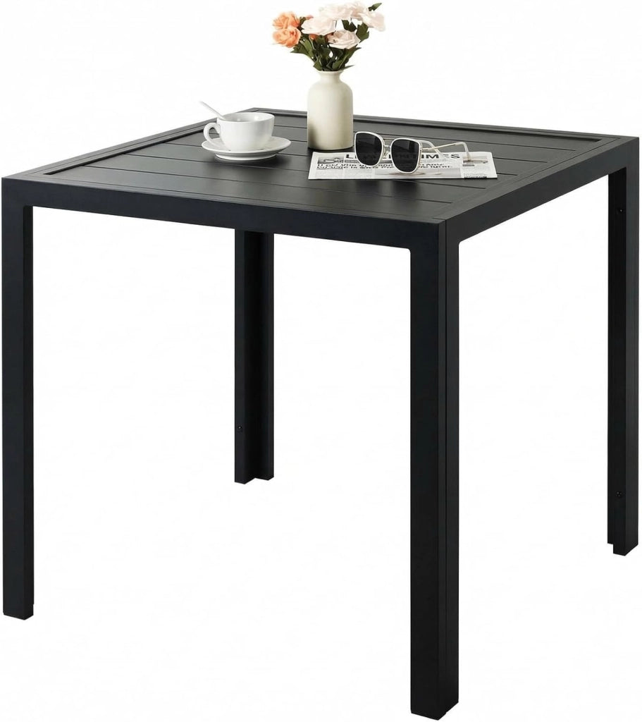 Tavolo da giardino in Alluminio, 75x75 cm Quadrato Tavolo da Esterno in Metallo per Balcone Terrazze, Inossidabile, Resistente Alle Intemperie, Facile da montare, Nero, Ampio Pannello 11 cm