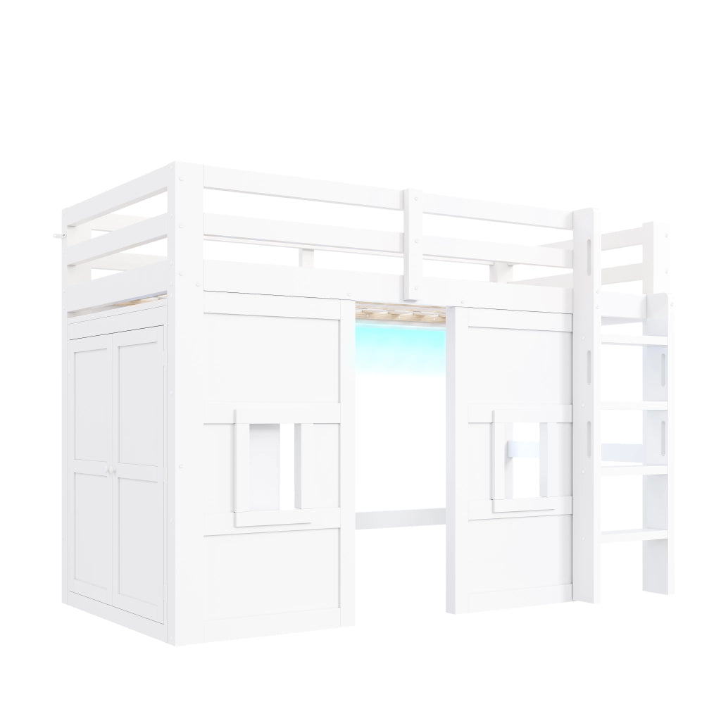 Letto a castello 90x200 cm - Zephmum- Con armadio integrato, finestre e luce LED, bianco