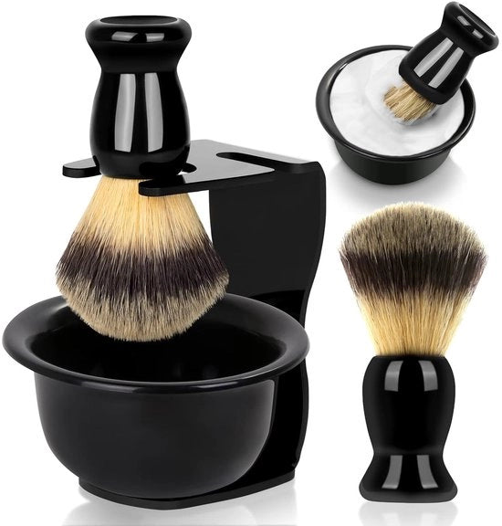 Set di spazzola da barba 3 in 1 – Con manico, supporto e lama raschiatrice – Nero – Adatto per rasatura a secco