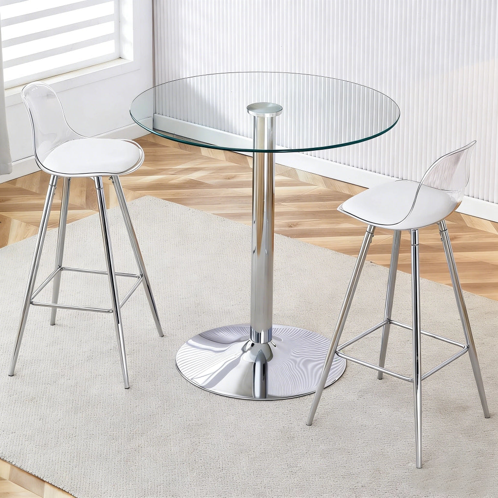 Tavolo rotondo in vetro trasparente con 2 sgabelli alti, base in metallo, stile moderno, per cucina, bar e uffici, 89 cm