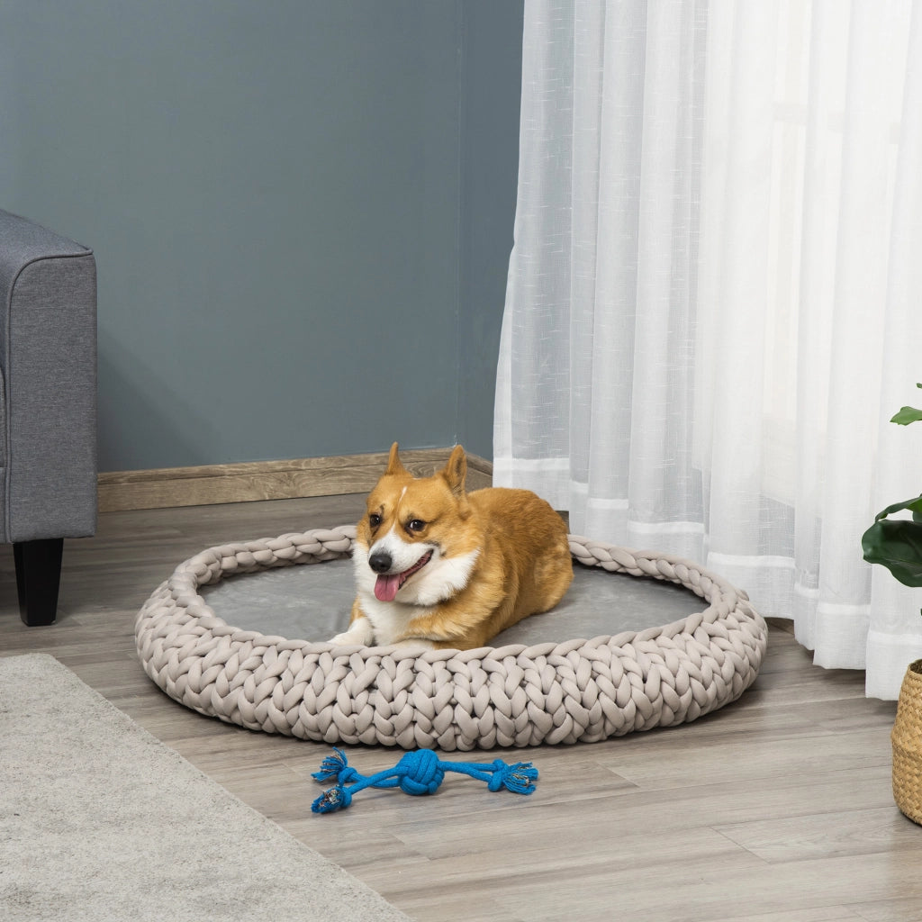 Cuccia per Cani e Gatti Rotonda con Bordi Rialzati e Cuscino, Lettino per Cani Imbottito Effetto Velluto, ¦µ93x15cm, Grigia